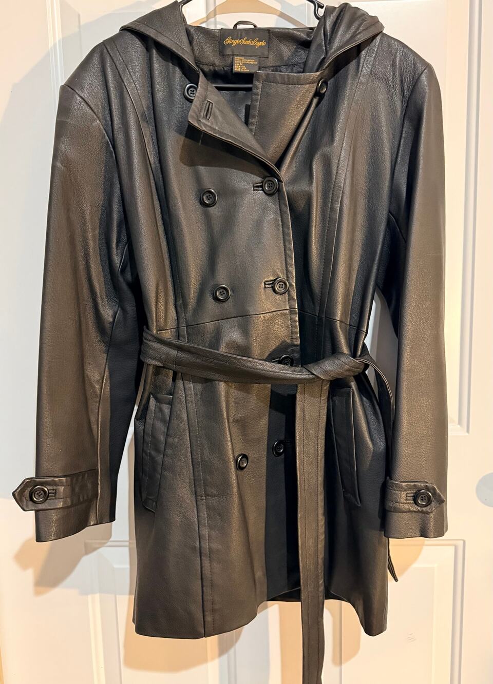 Sergio Sant'Angelo Women's Genuine Leather Hooded Trench Coat Black M Belted